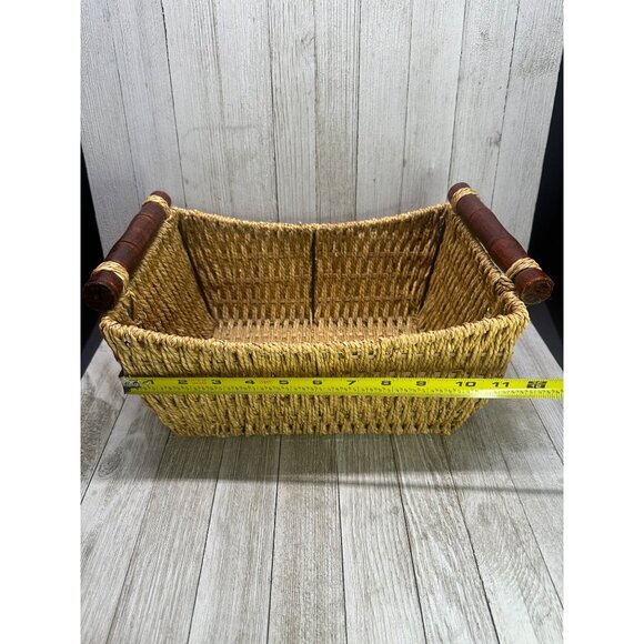 Vintage Woven Wicker Rattan Basket Tray Rectangle Wooden Handle Boho 11"x9" - Picture 7 of 7